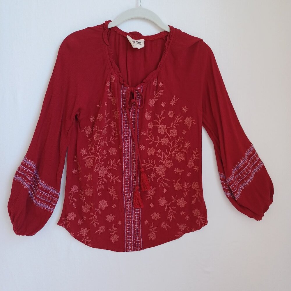 Savanna Jane Embroidered Top Boho‎ Peasant Style Maroon Floral Womens Small